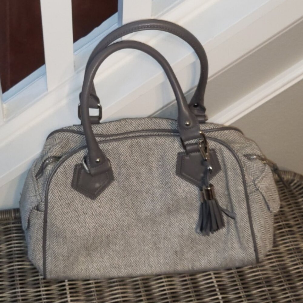 Cato Herringbone Satchel Handbag Purse with Tassel Preppy Neutral